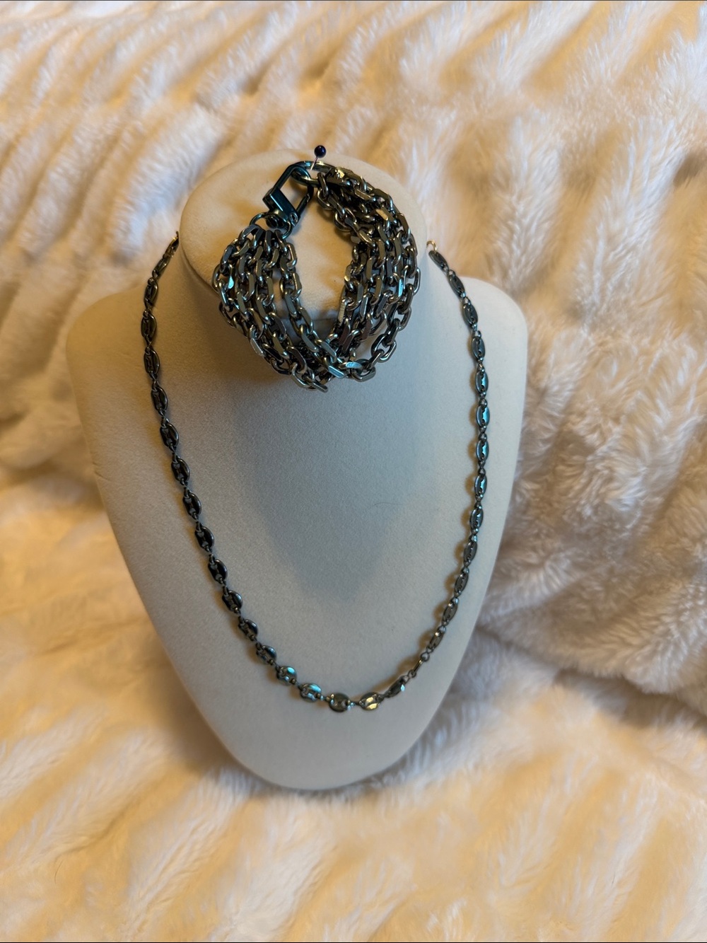 Hematite-Tone Multi-Chain Necklace and Bracelet Set